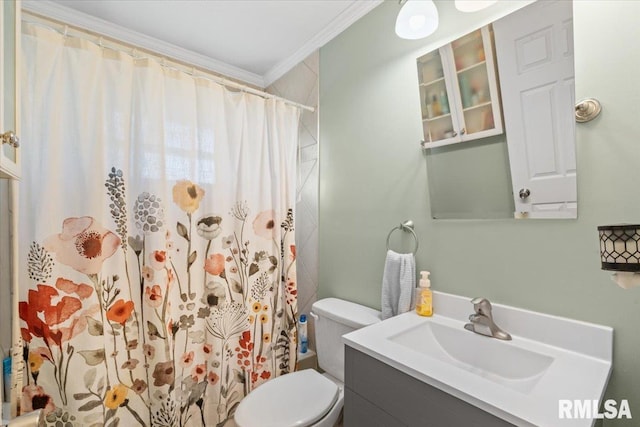 bathroom featuring crown molding, curtained shower, vanity, and toilet