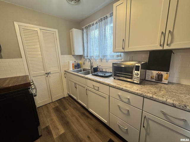 kitchen featuring white cabinetry, sink, decorative backsplash, light stone counters, and dark wood-type flooring