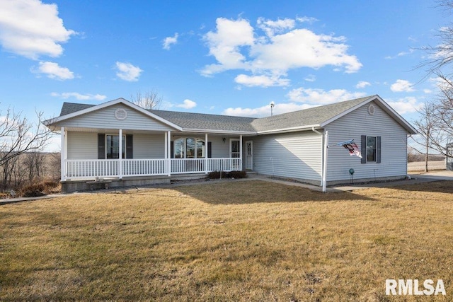 single story home featuring a front yard and covered porch