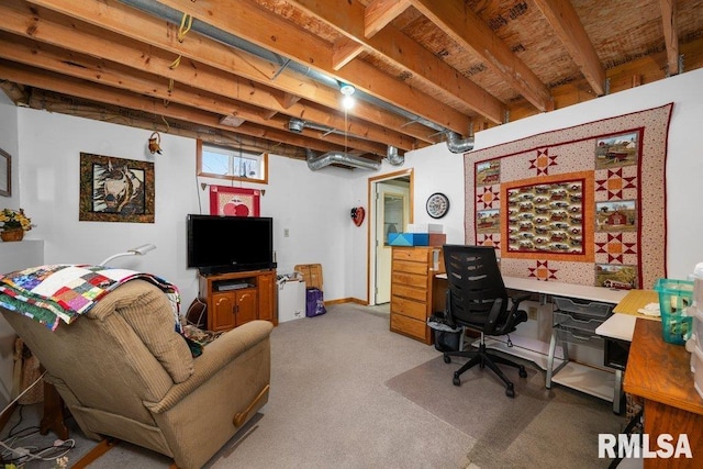 home office featuring light carpet