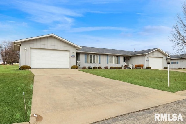 ranch-style home featuring a garage and a front yard