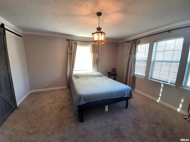 unfurnished bedroom featuring ornamental molding, a barn door, carpet floors, and a textured ceiling