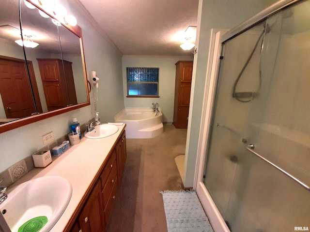 bathroom featuring independent shower and bath and vanity