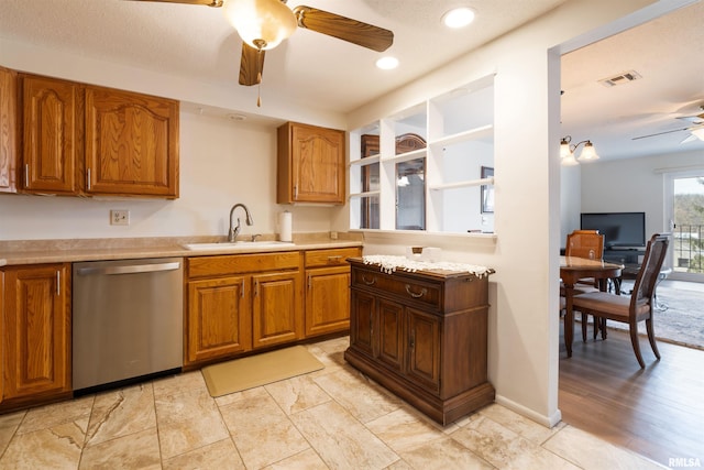 kitchen featuring ceiling fan, stainless steel dishwasher, and sink