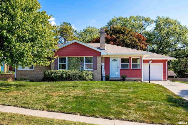 ranch-style house with a garage and a front lawn