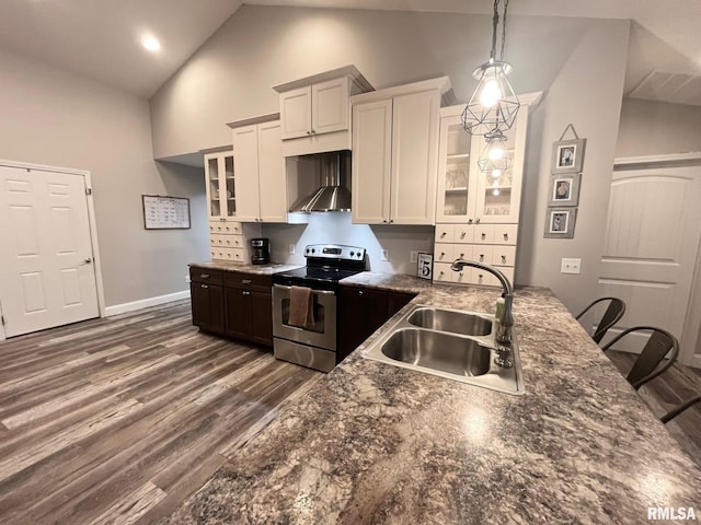 kitchen featuring white cabinetry, wall chimney exhaust hood, sink, and electric range