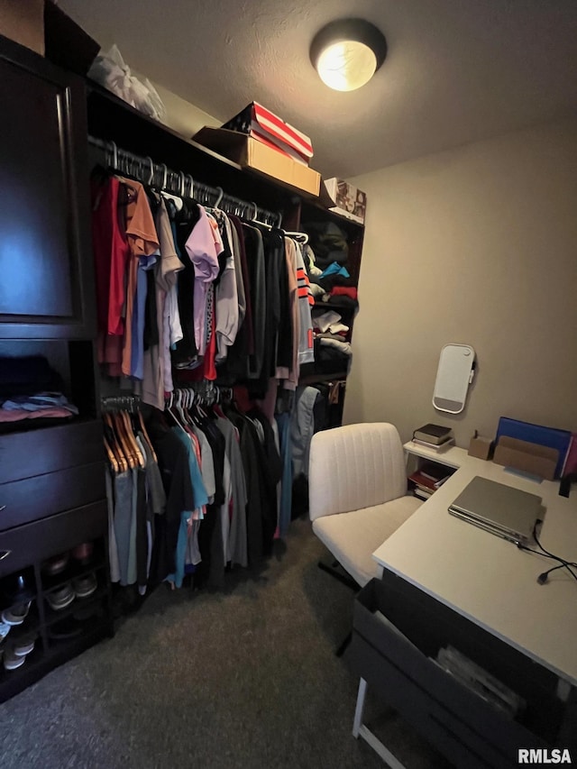 spacious closet with dark colored carpet