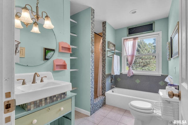 full bathroom featuring tile patterned floors, toilet, sink, a chandelier, and independent shower and bath