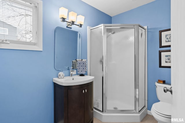 bathroom with vanity, toilet, and a shower with door