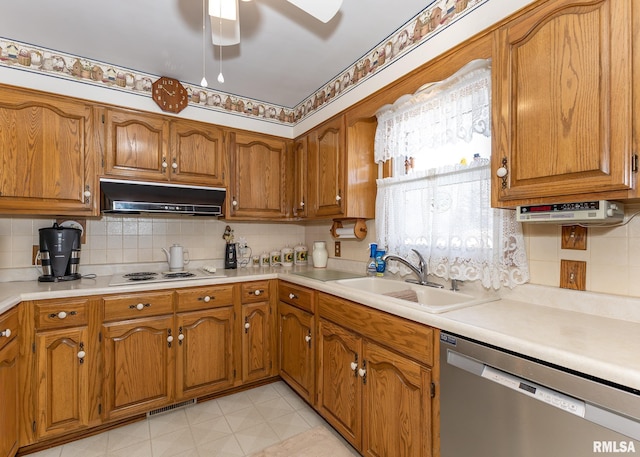 kitchen featuring sink, ceiling fan, dishwasher, decorative backsplash, and white electric stovetop