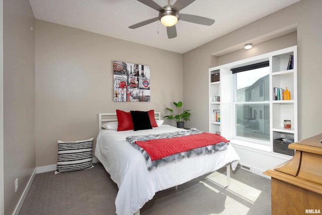 bedroom with carpet flooring, ceiling fan, and baseboards