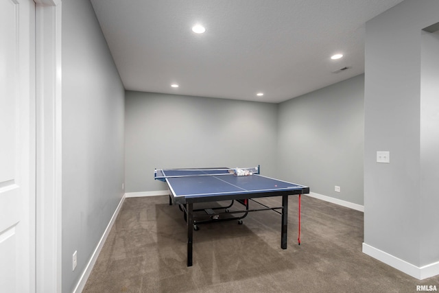 game room featuring recessed lighting, carpet flooring, and baseboards