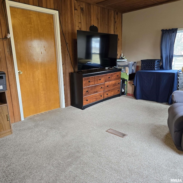 223 N King St, Hurst, IL 62949 - living area featuring carpet, wooden walls, and wood ceiling
