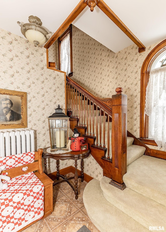 interior space featuring radiator, tile patterned flooring, and wallpapered walls