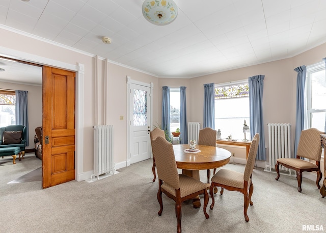 dining area with light colored carpet, crown molding, and radiator