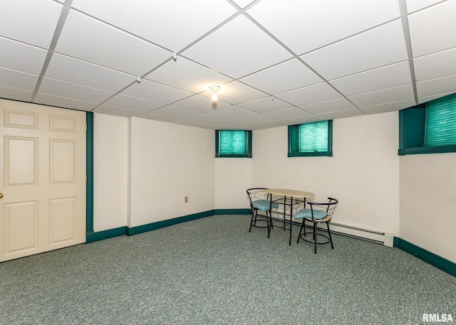 game room with a baseboard heating unit, a paneled ceiling, carpet floors, and baseboards