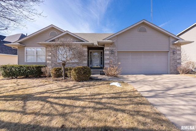 ranch-style house featuring concrete driveway, a shingled roof, an attached garage, and brick siding