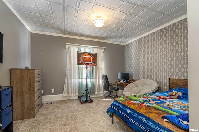 carpeted bedroom featuring wallpapered walls and ornamental molding