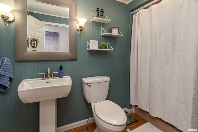 full bathroom featuring baseboards, a sink, toilet, and wood finished floors