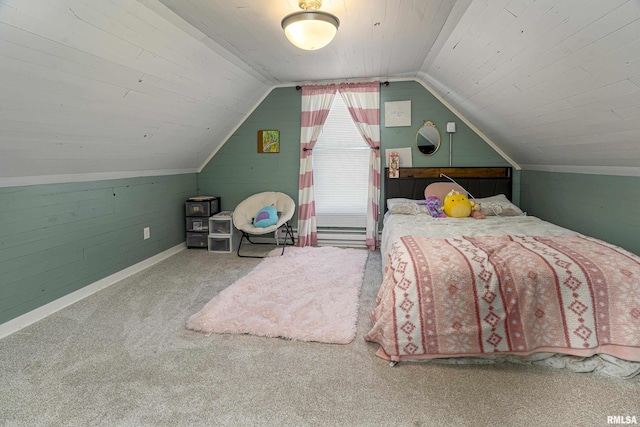 unfurnished bedroom with wood walls, wood ceiling, vaulted ceiling, and carpet flooring