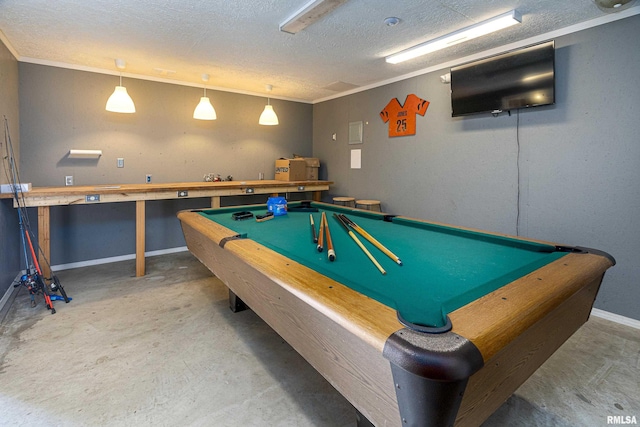 rec room with a textured ceiling, crown molding, unfinished concrete flooring, and baseboards