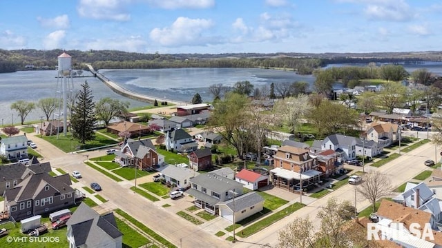 aerial view featuring a water view and a residential view