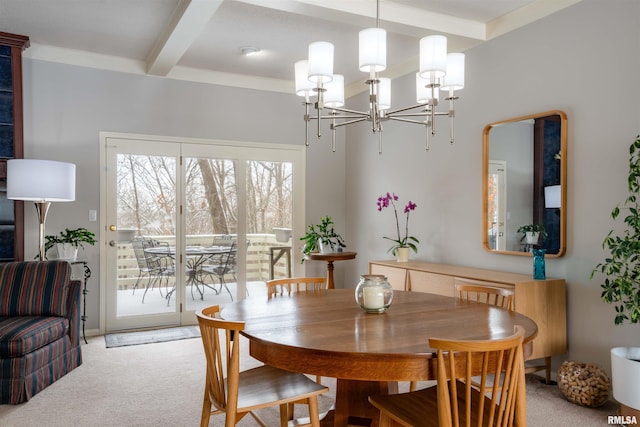 carpeted dining space featuring beam ceiling and an inviting chandelier