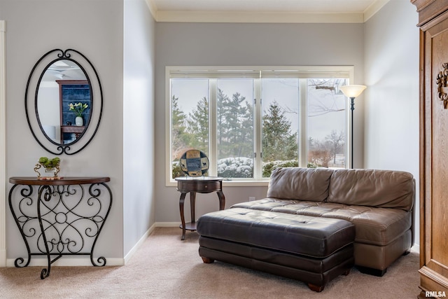 sitting room featuring ornamental molding, carpet, and baseboards