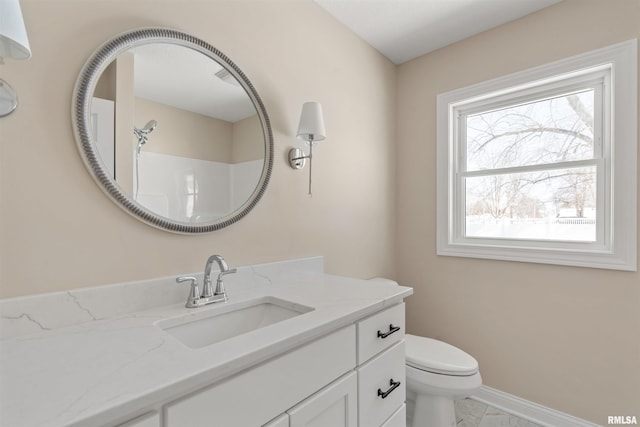 full bathroom featuring a shower, marble finish floor, toilet, vanity, and baseboards