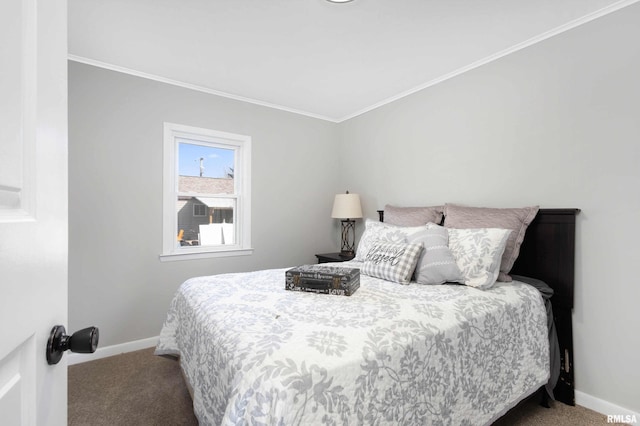 bedroom with carpet, baseboards, and ornamental molding