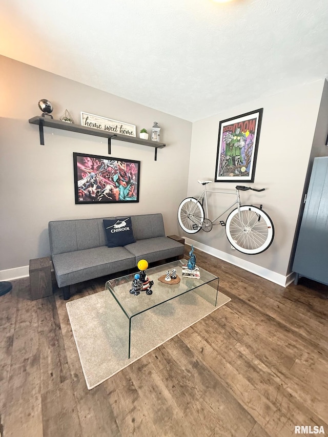 living room with baseboards and dark wood-type flooring