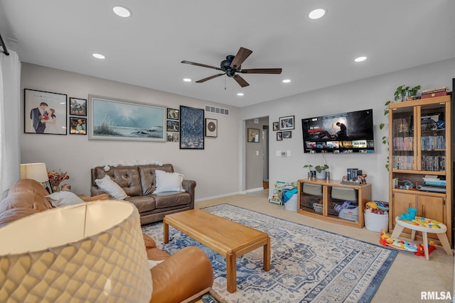 carpeted living area featuring visible vents, a ceiling fan, and recessed lighting