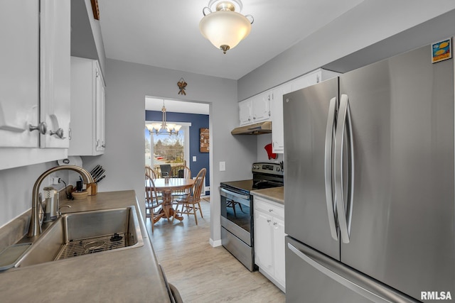 kitchen featuring white cabinets, appliances with stainless steel finishes, light countertops, pendant lighting, and a sink