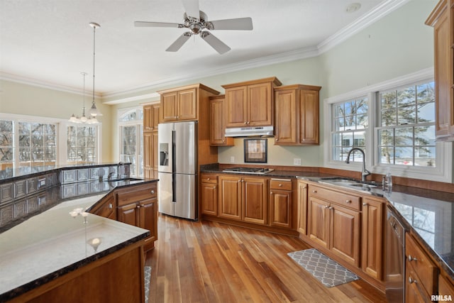 kitchen featuring decorative light fixtures, appliances with stainless steel finishes, brown cabinetry, a sink, and under cabinet range hood