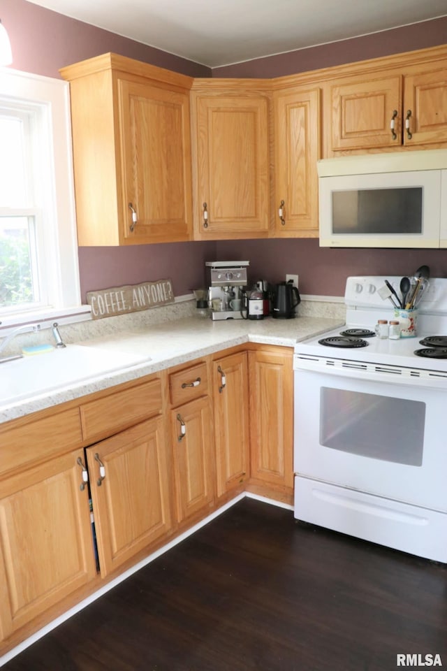 kitchen featuring white appliances, light countertops, a sink, and dark wood-style flooring