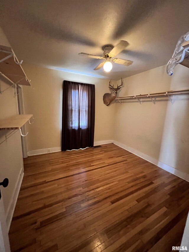 walk in closet featuring dark wood finished floors and a ceiling fan