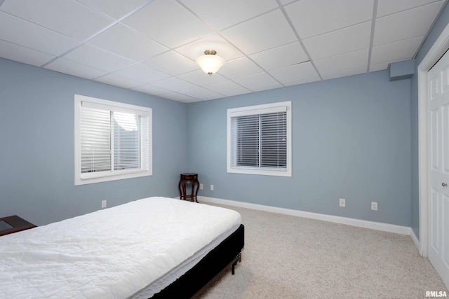 carpeted bedroom with a closet, a drop ceiling, and baseboards