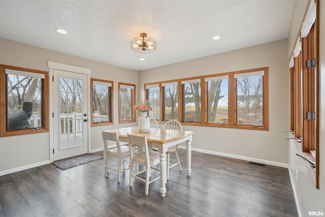 dining space with dark wood-type flooring, a healthy amount of sunlight, and baseboards