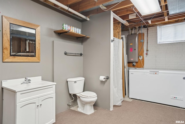 bathroom with toilet, vanity, and electric panel