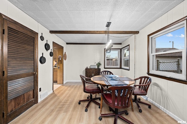 dining room with light wood-type flooring, baseboards, visible vents, and beamed ceiling