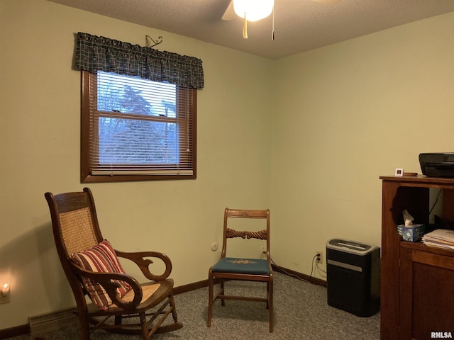 sitting room featuring carpet, baseboards, and a textured ceiling