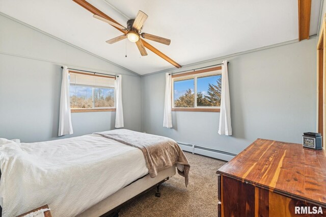 carpeted bedroom featuring a ceiling fan, lofted ceiling, and baseboard heating