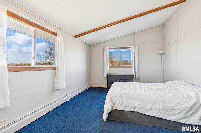 bedroom featuring vaulted ceiling, baseboard heating, and dark carpet