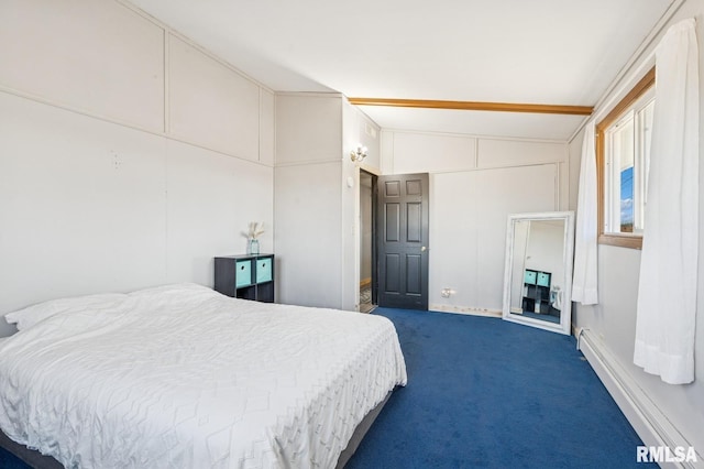 bedroom featuring vaulted ceiling, dark carpet, and baseboard heating