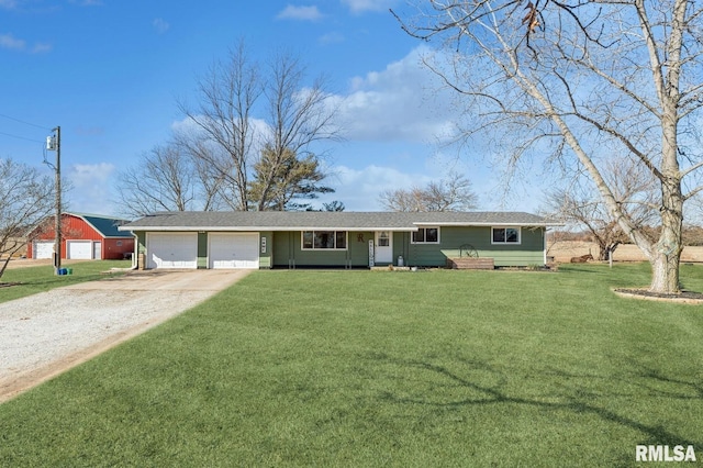 ranch-style home with dirt driveway, a front lawn, and a garage