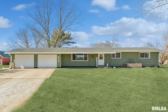 ranch-style house with concrete driveway, an attached garage, and a front lawn