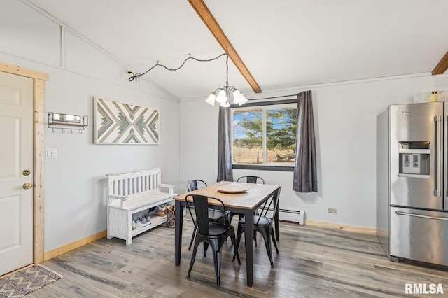 dining room with baseboards, lofted ceiling with beams, a baseboard radiator, wood finished floors, and an inviting chandelier