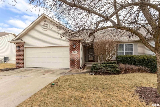 single story home featuring driveway, brick siding, an attached garage, central air condition unit, and a front yard