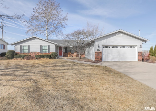 ranch-style house featuring an attached garage, a front lawn, concrete driveway, and brick siding