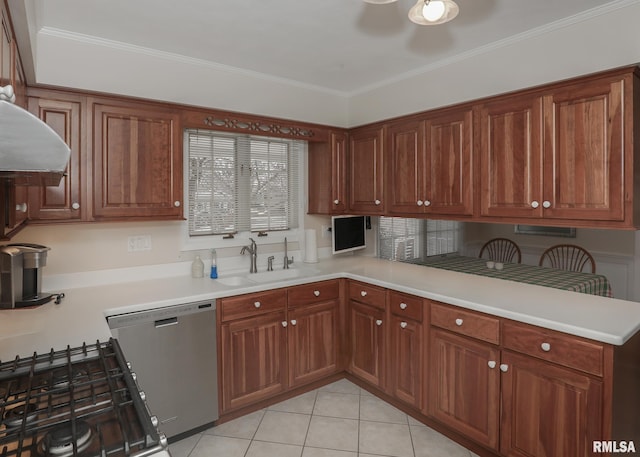 kitchen featuring crown molding, light countertops, stainless steel dishwasher, a sink, and a peninsula